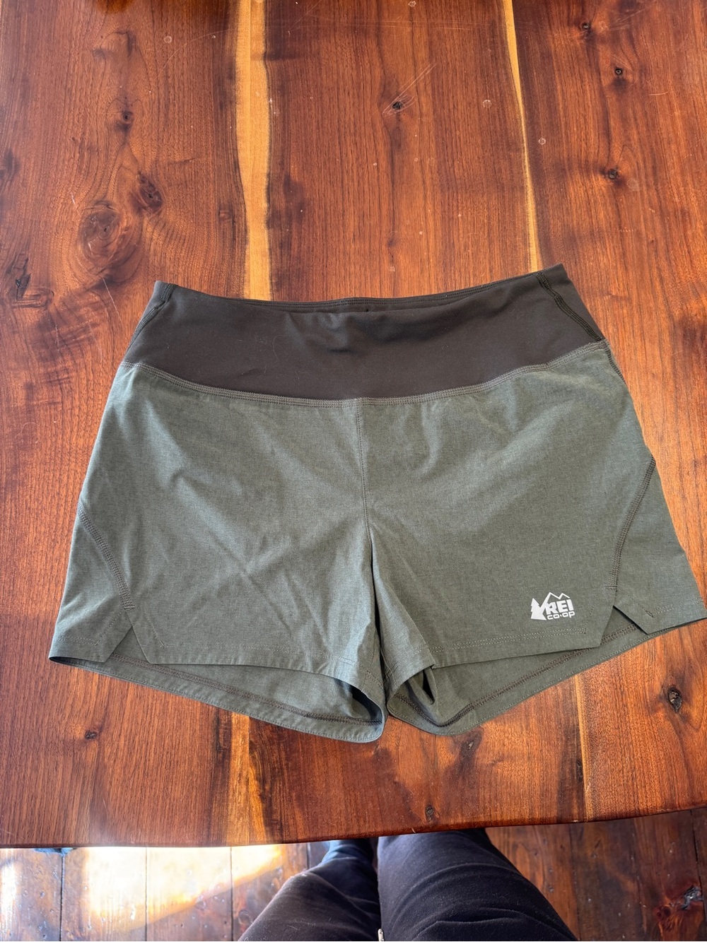 REI Olive Green Athletic Shorts with Black Waistband